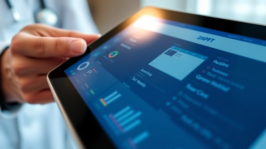 Close-up of tablet screen displaying patient portal interface with appointment calendar and test results, professional healthcare setting, clean modern design