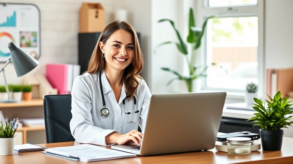 Professional woman using laptop at home office desk reviewing medical records, organized workspace with wellness items, natural lighting, confident expression