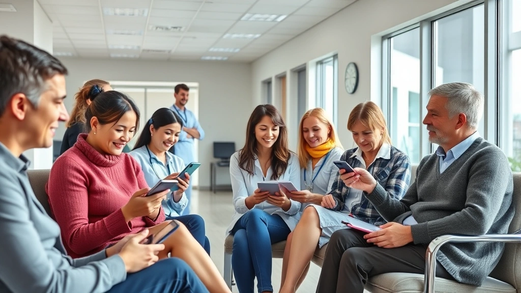 Diverse group of patients in bright medical clinic waiting room, some using smartphones and tablets, modern healthcare facility, friendly clinical staff in background, natural daylight