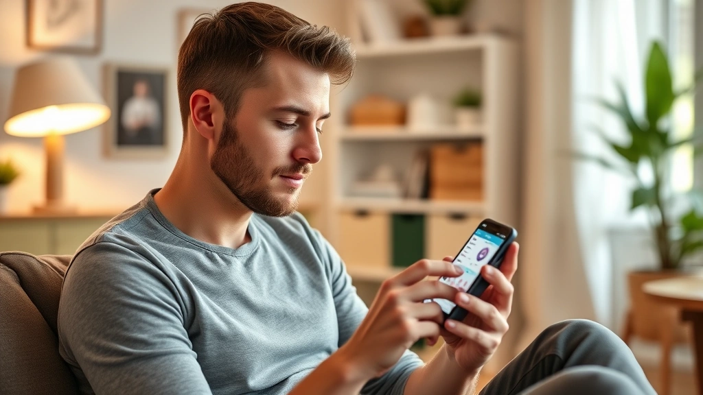 Young professional man checking health metrics on smartphone while sitting in peaceful home environment, wellness tracking app visible, calm and organized living space, wellness-focused lifestyle