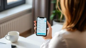 Woman using smartphone checking medical test results on patient portal app, sitting at modern home desk with coffee cup, natural daylight from window, warm and professional atmosphere