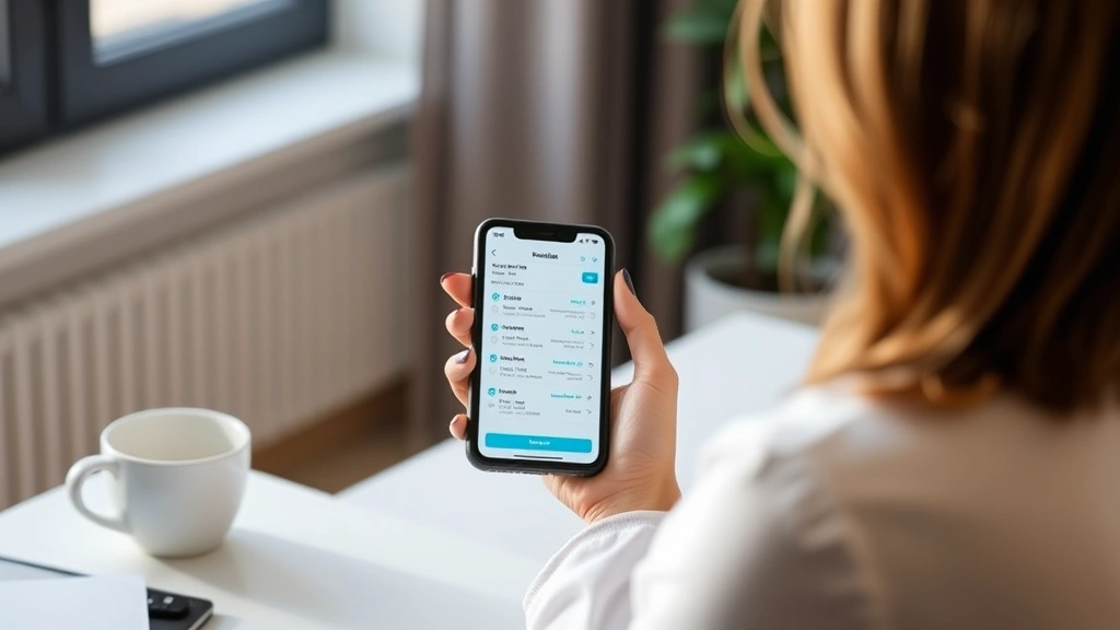 Woman using smartphone checking medical test results on patient portal app, sitting at modern home desk with coffee cup, natural daylight from window, warm and professional atmosphere
