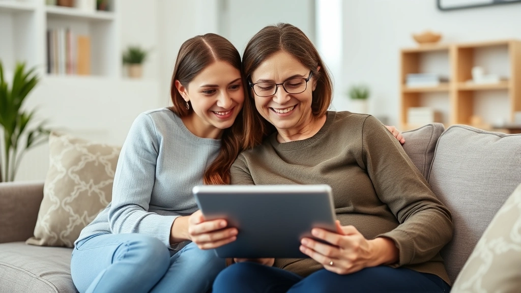 Adult daughter and elderly mother reviewing health records together on tablet computer, sitting on comfortable couch, smiling and discussing healthcare information, modern living room setting