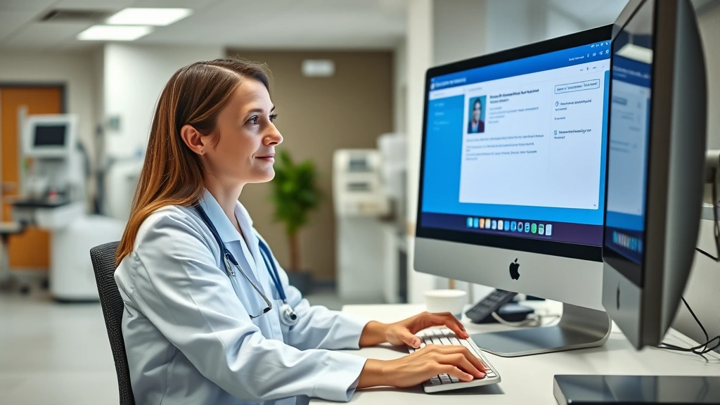 Healthcare professional at computer workstation sending secure message through patient portal, modern hospital office environment with medical equipment visible in background, focused expression