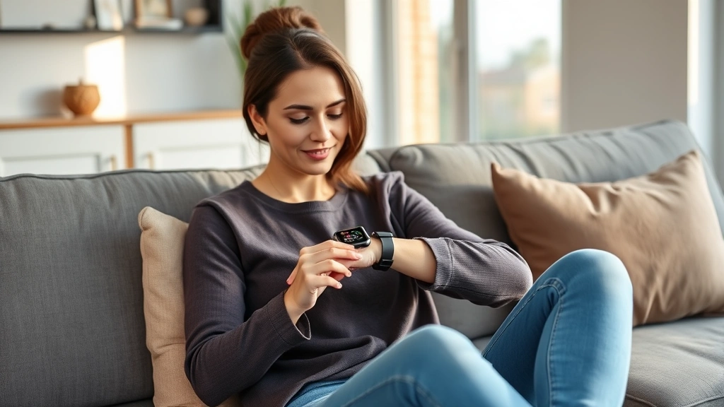 Woman checking smartwatch with health metrics displayed, sitting peacefully on modern living room couch in morning light, natural wellness aesthetic, calm confident expression