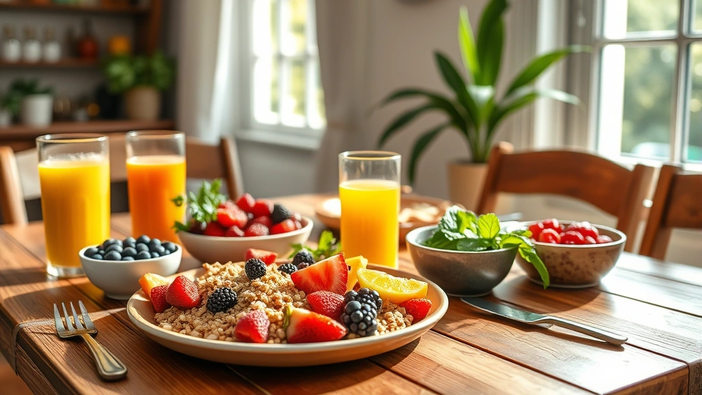 Colorful Mediterranean-style breakfast spread on wooden table with berries, whole grains, fresh juice, sunlight streaming through window, healthy eating lifestyle moment
