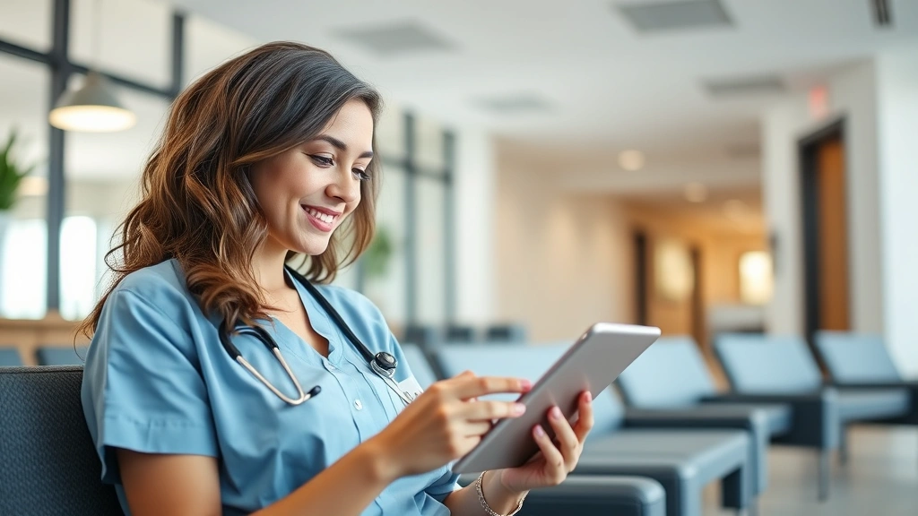 Young professional woman using tablet in bright modern clinic waiting room, reviewing health records with confident expression, natural lighting, contemporary healthcare environment