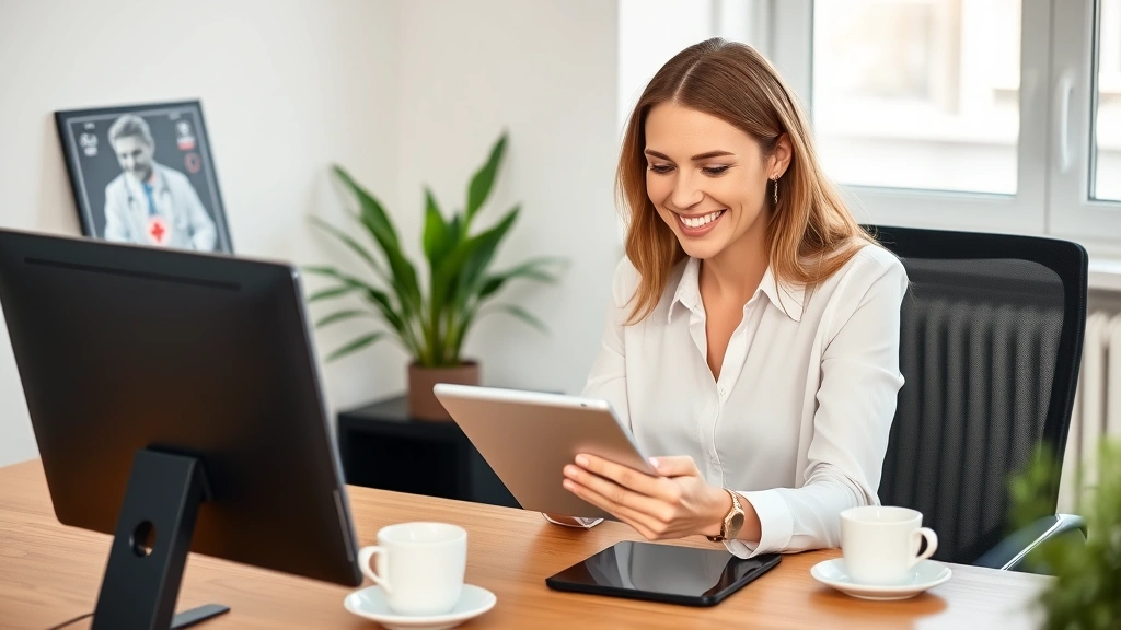 Professional woman sitting at home office desk smiling while using tablet to access healthcare portal, modern minimalist workspace with plant and coffee cup, natural window lighting, contemporary lifestyle setting