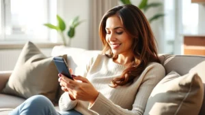Woman using smartphone to check medical appointment on MyChart app, sitting on modern couch in bright living room, natural sunlight streaming through windows, relaxed confident expression