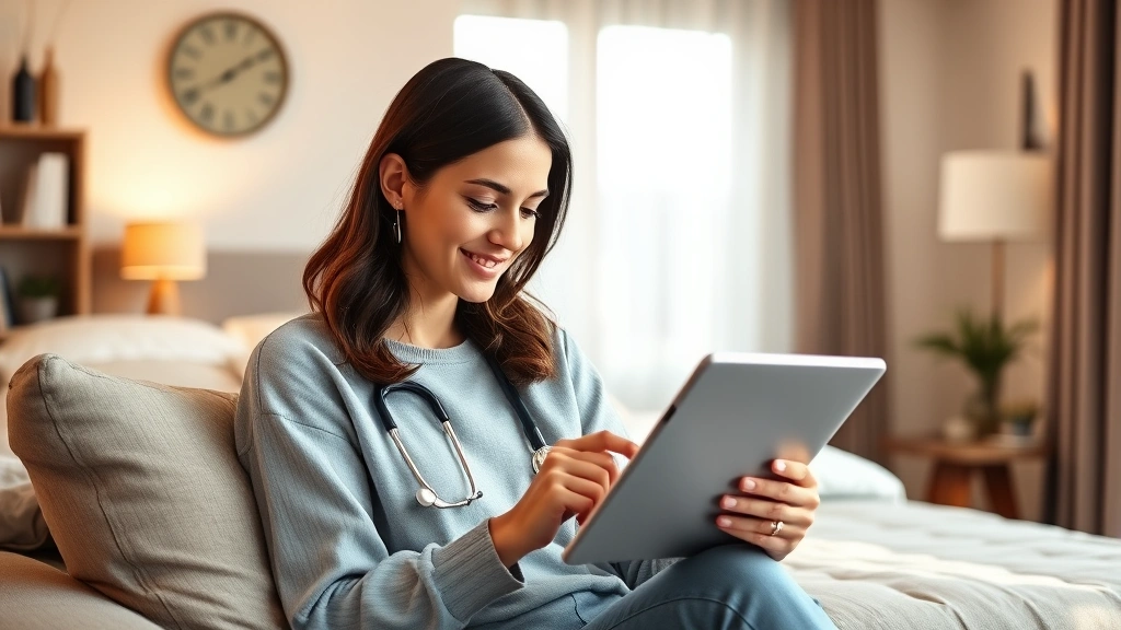 Woman sitting at home with tablet checking medical records, warm natural lighting, relaxed comfortable expression, modern minimalist bedroom background