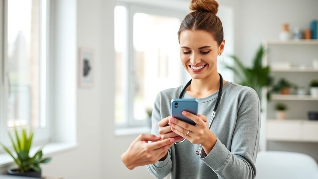 Woman smiling while using smartphone to check medical appointment on healthcare app, bright modern home office, natural window lighting, contemporary wellness lifestyle