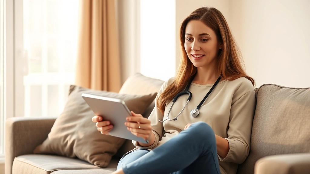 A woman sitting on a modern couch using a tablet to access her medical records, warm natural lighting from window, contemporary home setting, calm and confident expression