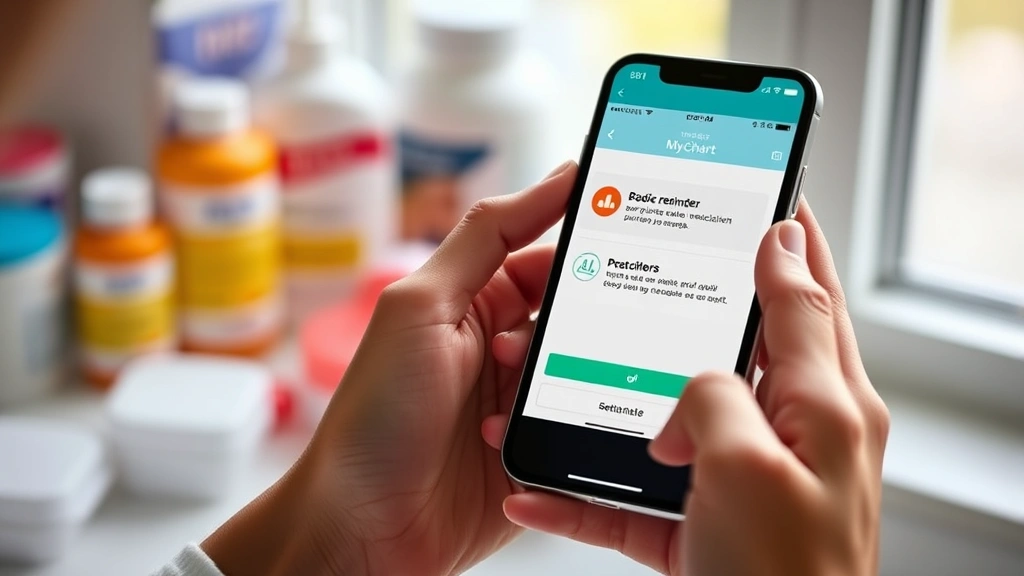 Close-up of hands holding smartphone showing medication reminder notification on MyChart app, blurred wellness items in background, natural daylight from window
