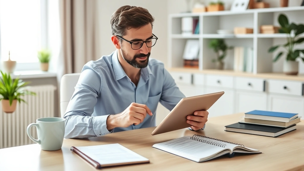 Patient reviewing lab results on tablet device at home desk, with coffee cup and wellness journal nearby, organized professional setting, focused and empowered appearance
