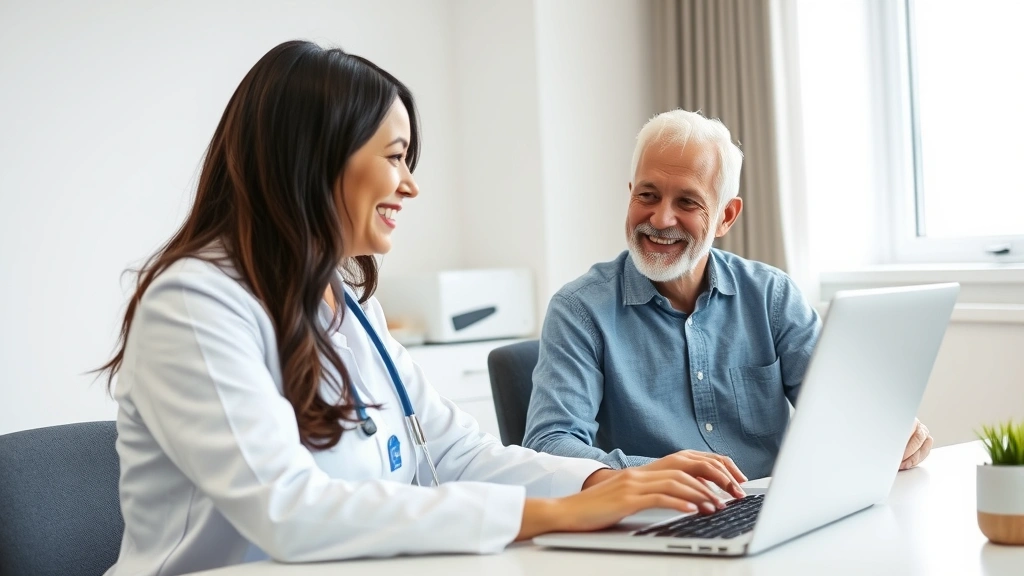 Healthcare professional and patient having video call on laptop, both smiling, professional office setting, natural window light, modern technology interface visible