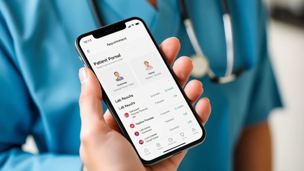 Close-up of hands holding a smartphone displaying a patient portal dashboard with appointment calendar and lab results, clean interface visible, soft focus background, professional healthcare context