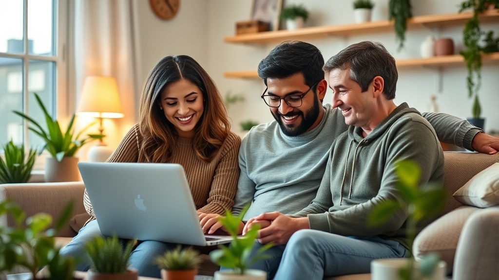 Diverse family group in comfortable home setting reviewing health dashboard on laptop together, warm lighting, wellness-focused living space with plants and health items visible