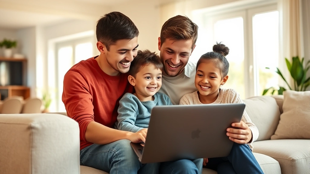 Young family in bright living room reviewing health information together on laptop, parents and child gathered around screen, warm natural lighting, joyful and engaged expressions, contemporary home setting