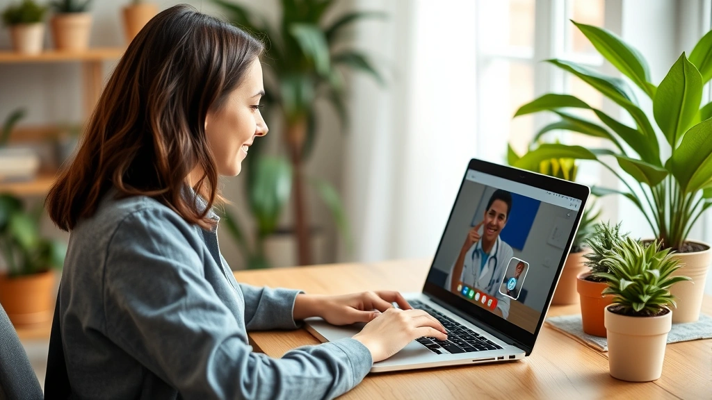 Young professional accessing MyChart on laptop during telehealth video call, home office environment with plants and natural decor, friendly healthcare provider visible on screen