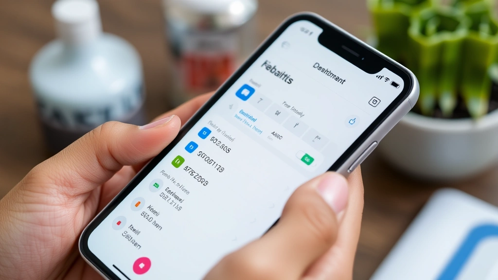 Close-up of smartphone showing health dashboard with appointment calendar and test results, hands holding device, bright screen, blurred wellness items nearby