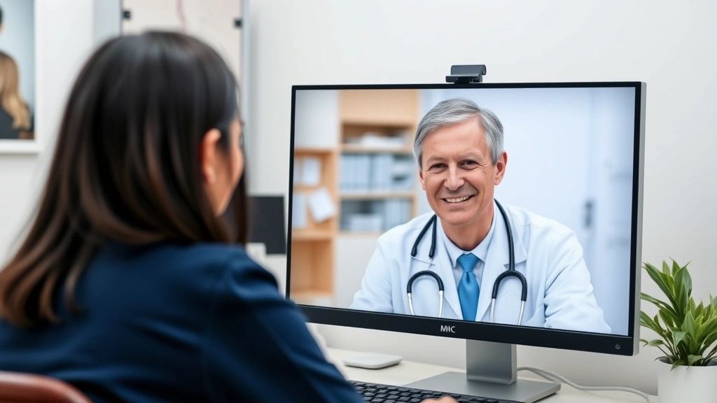 Doctor and patient communicating through video call on computer screen, professional medical setting visible, caring healthcare interaction, modern telemedicine technology displayed