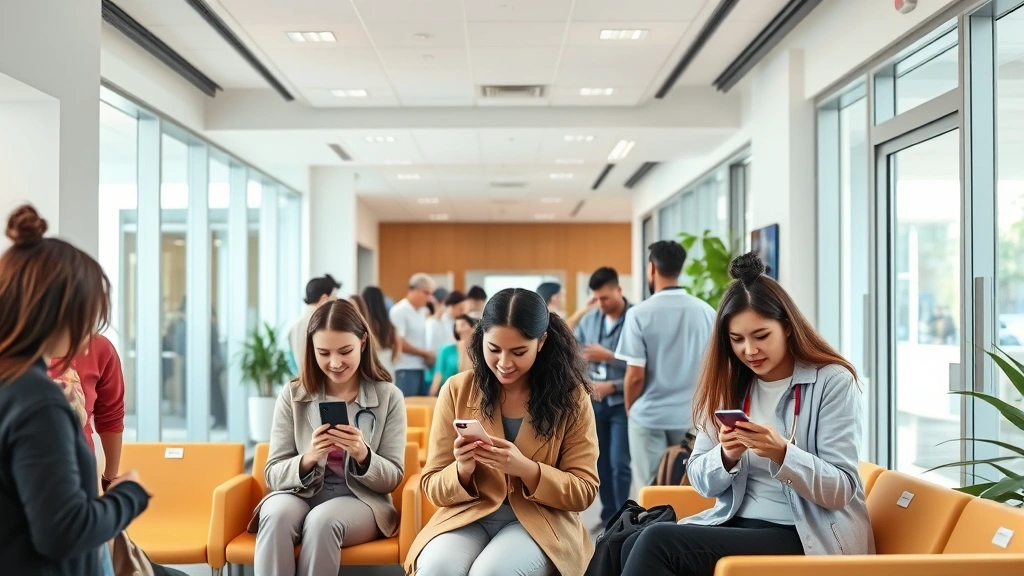 A diverse group of people in a bright clinic waiting area, some checking their phones, modern healthcare facility design, natural daylight, welcoming atmosphere