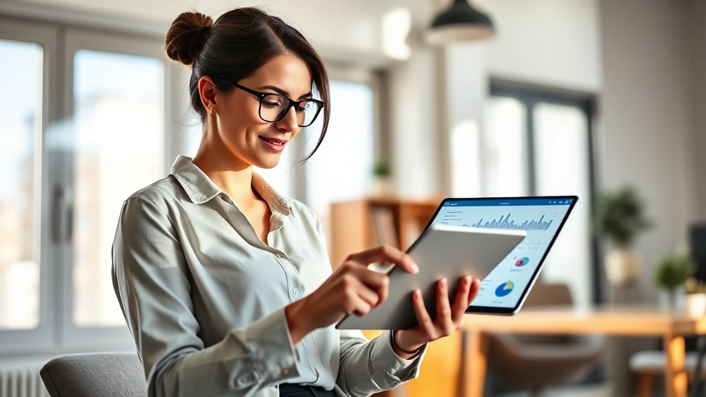 Woman reviewing health data on tablet in modern home office, natural sunlight, professional casual attire, focused expression, contemporary workspace