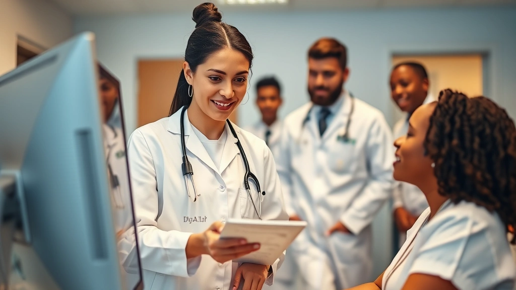 Healthcare professional and patient discussing medical information on computer screen in clinic, warm lighting, collaborative atmosphere, diverse team
