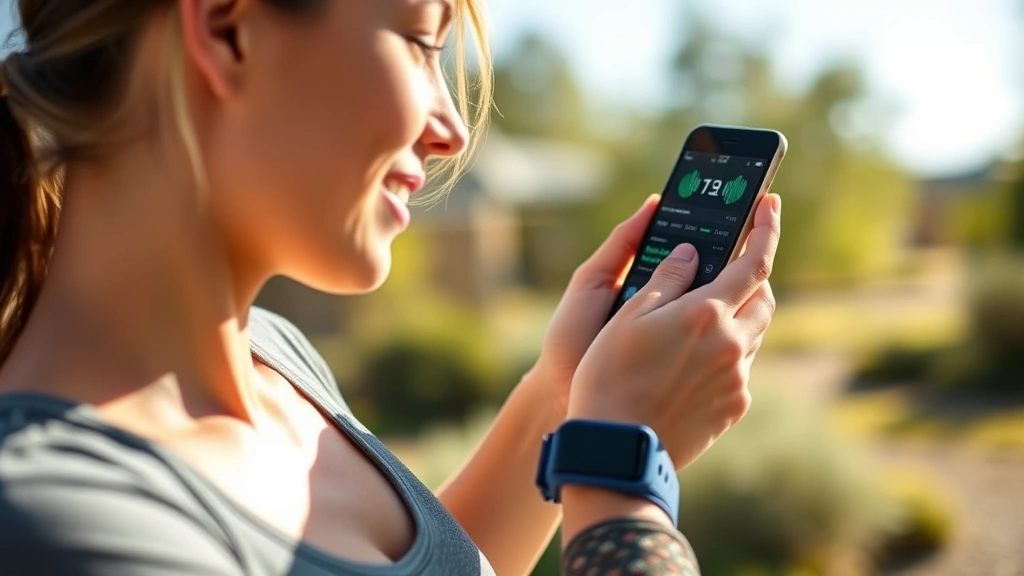 Person using smartphone app for health tracking while exercising outdoors, fitness watch visible, sunny day, active lifestyle, confident demeanor