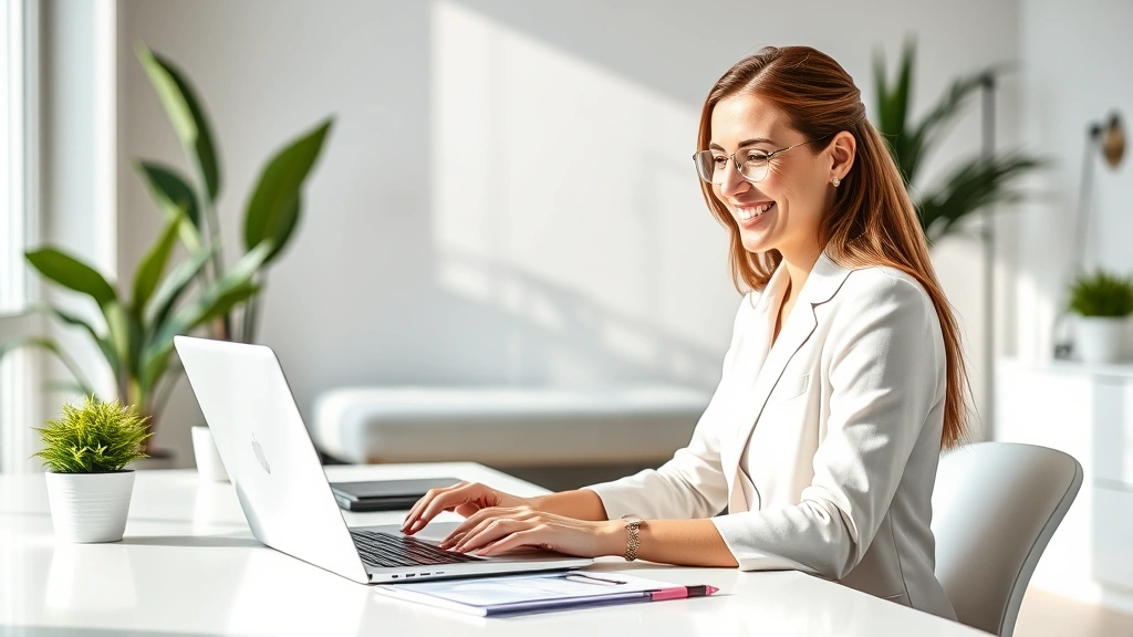 Professional woman sitting at modern desk with laptop, smiling while reviewing healthcare information, bright natural lighting, contemporary home office setting with plants and minimalist design