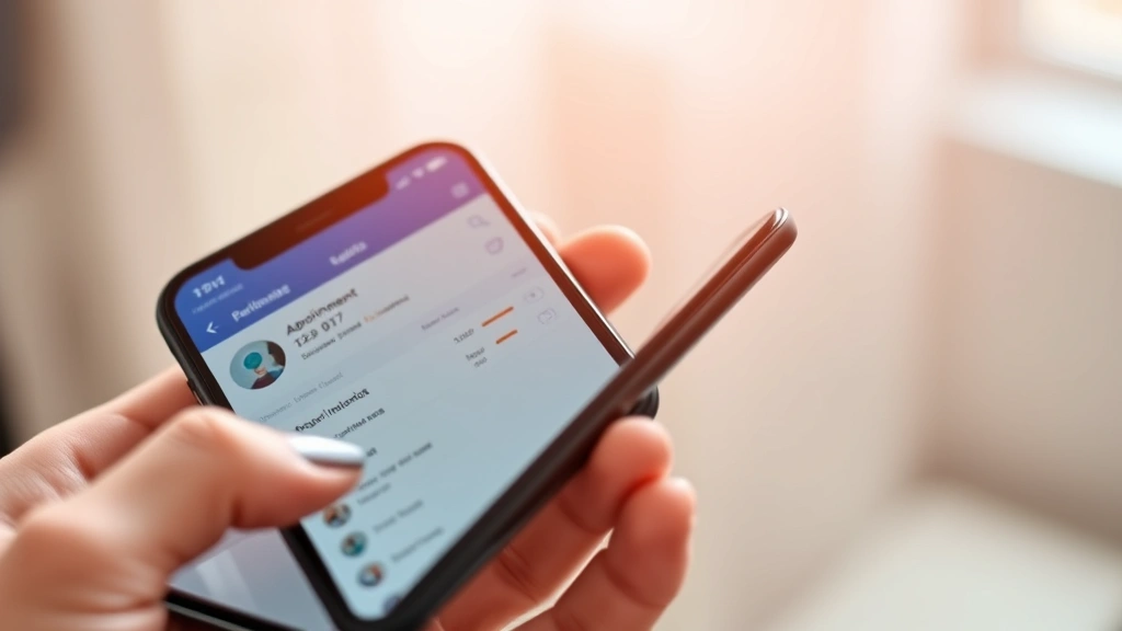 Close-up of smartphone screen displaying medical app interface with appointment calendar and test results, hands holding device, soft warm lighting, modern healthcare technology