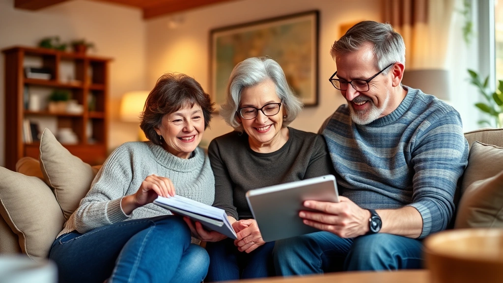 Diverse family group in comfortable living room reviewing health documents together on tablet, warm lighting, relaxed atmosphere, intergenerational wellness and health management