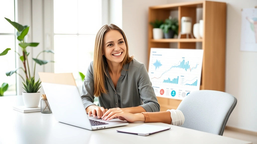 Professional woman sitting at home office desk, smiling while using laptop with health charts and medical icons displayed on screen, modern bright workspace with plants, natural window lighting, contemporary healthcare technology interface visible