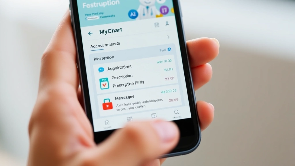 Close-up of hands holding smartphone showing MyChart mobile app interface with appointment calendar, prescription refills, and secure messaging features, healthcare dashboard visible on screen, clean modern design