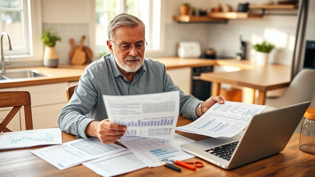 Middle-aged man reviewing printed medical records at kitchen table with laptop open, relaxed confident expression, organized documents and health tracking charts spread out, warm natural lighting, wellness-focused home environment