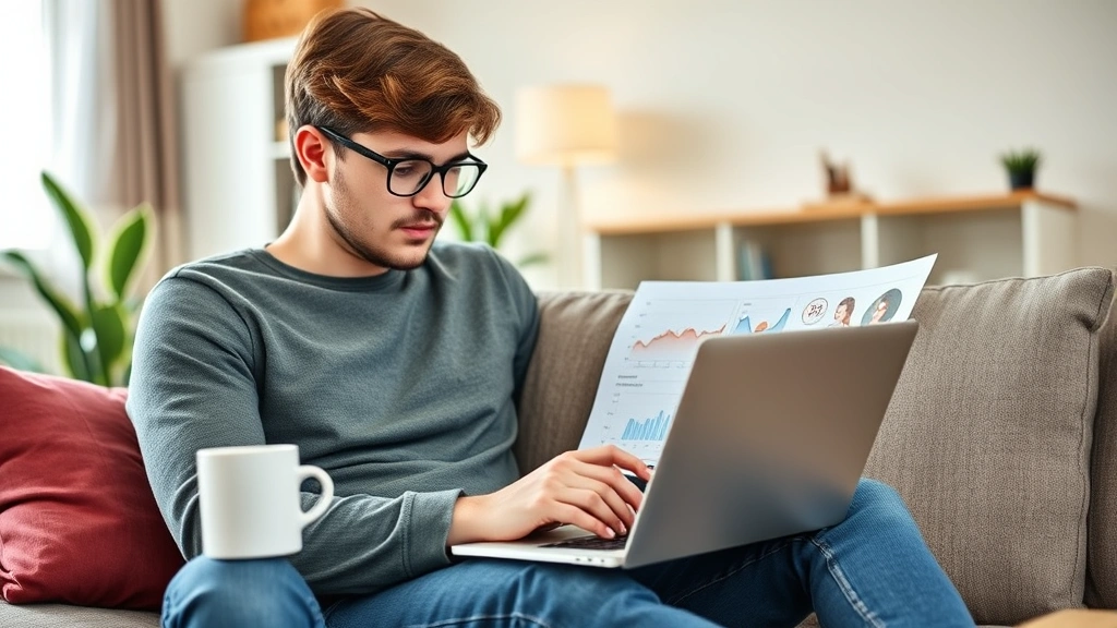 Young professional reviewing health metrics on laptop during home wellness session, coffee cup nearby, comfortable living room setting, focused expression, digital healthcare management