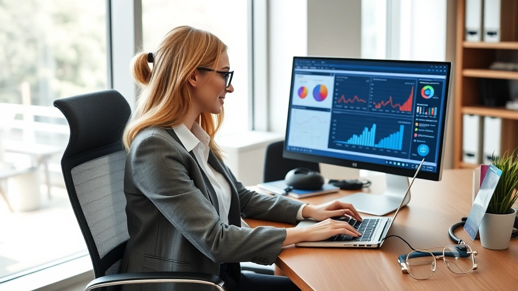 Woman sitting at desk with laptop, viewing health charts and medical data on screen, modern office setting, natural daylight streaming through window, professional yet approachable atmosphere, wearing casual business attire