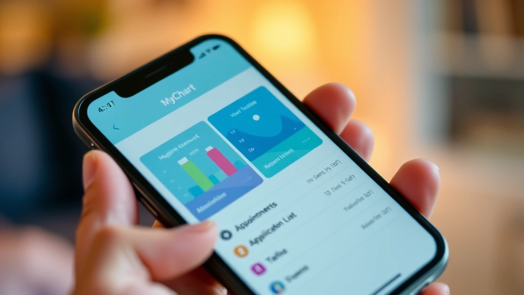Close-up of smartphone displaying MyChart app interface with colorful health metrics, appointments calendar, and medication list, hands holding device, warm indoor lighting, modern minimalist design visible on screen
