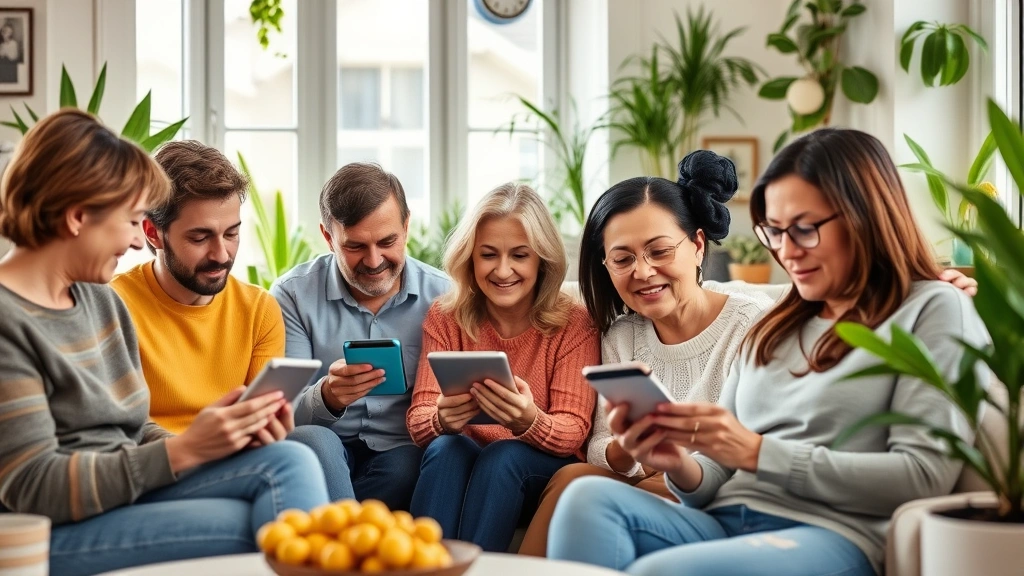 Diverse group of people in home environments using tablets and phones to manage health, showing different ages and backgrounds, wellness-focused settings with plants and natural light, peaceful and empowering mood
