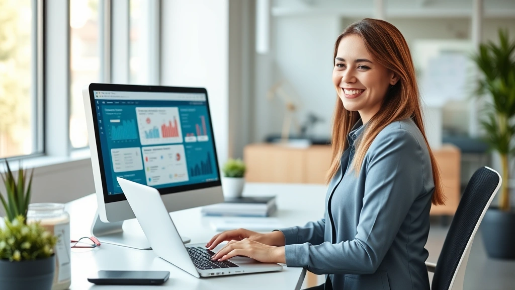 Professional woman sitting at desk with laptop, smiling while reviewing health information on computer screen, bright modern office environment, natural lighting from window