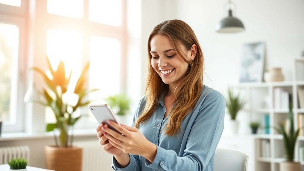 Woman smiling while viewing health results on smartphone in bright modern home office, natural sunlight streaming through windows, professional yet relaxed atmosphere