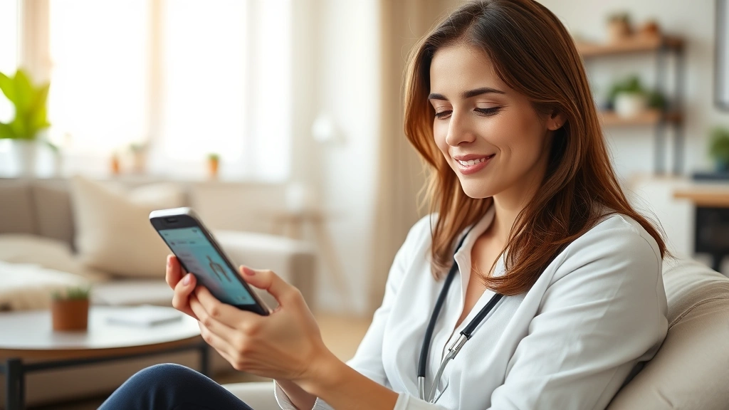 Woman using smartphone to check health records on medical app, sitting in modern living room with natural light, peaceful expression, contemporary home decor background