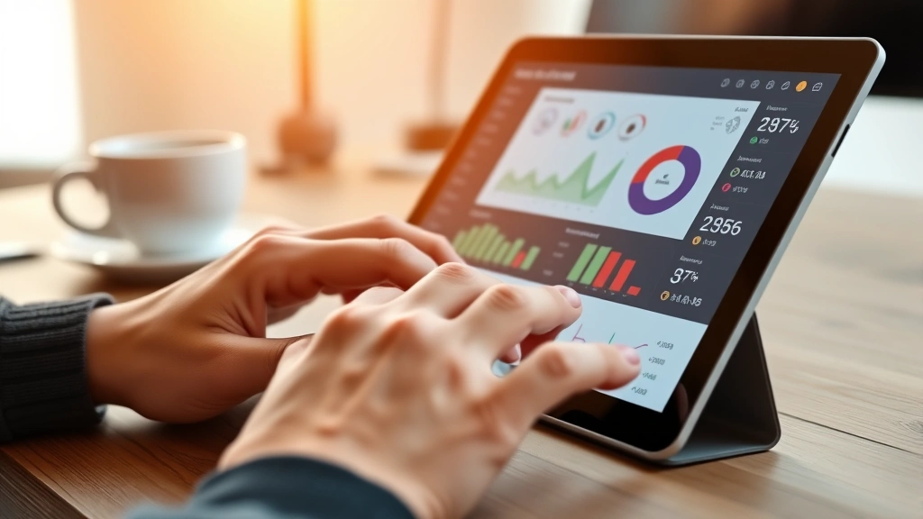 Close-up of hands typing on tablet displaying medical dashboard with charts and patient data, warm minimalist workspace with coffee cup nearby