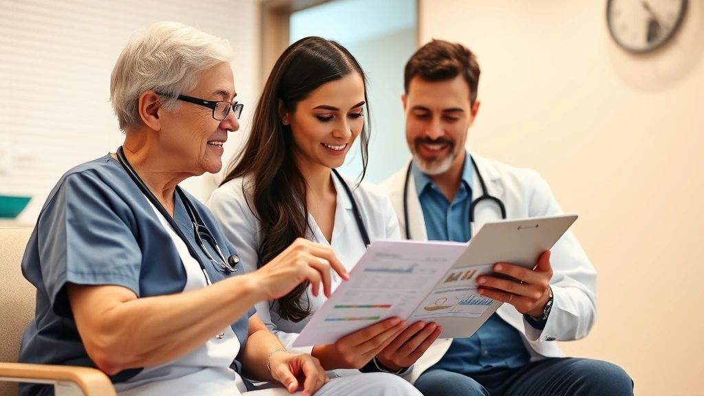 Healthcare provider and patient reviewing medical charts on tablet during appointment, warm clinic lighting, both appearing engaged and collaborative in conversation