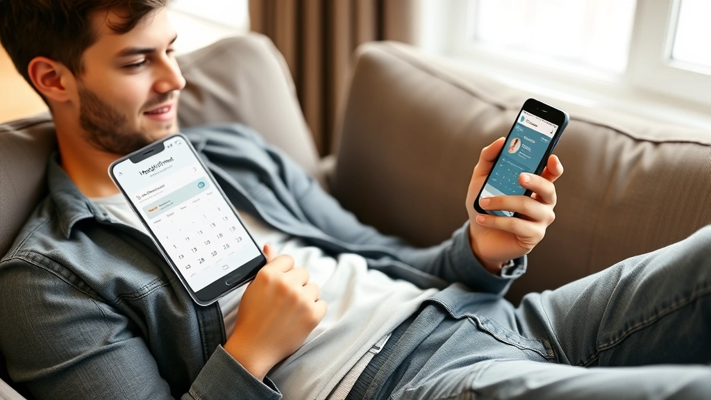 Young man in casual clothes relaxing on couch holding smartphone, viewing healthcare app with appointment calendar and medical information visible on screen