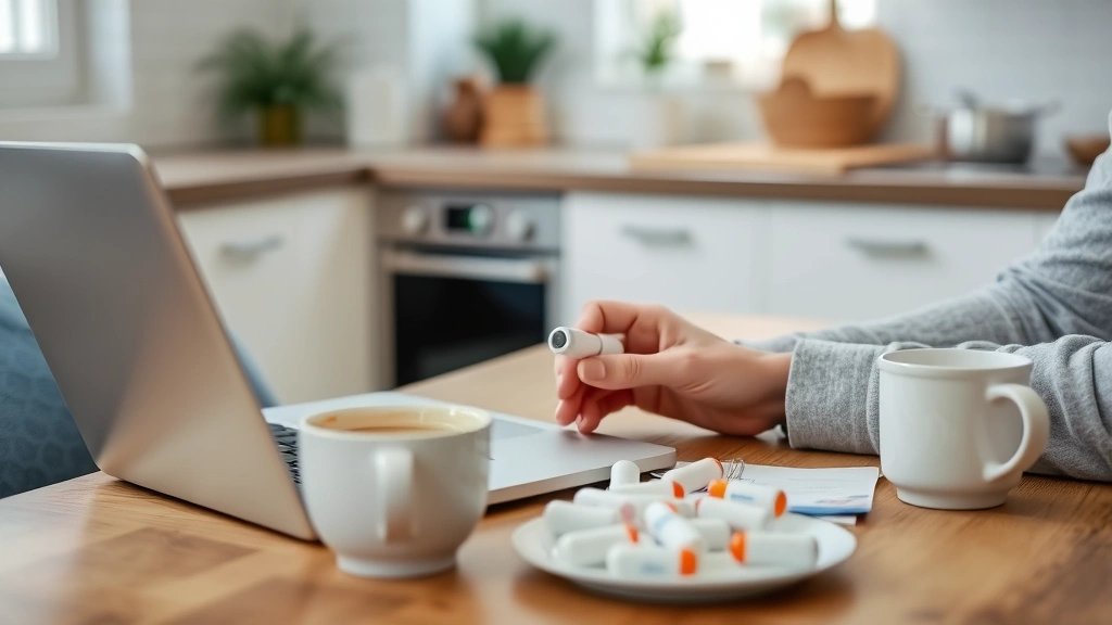 Person checking prescription medications on laptop at kitchen table with coffee, organized home setting, calm and health-conscious lifestyle aesthetic