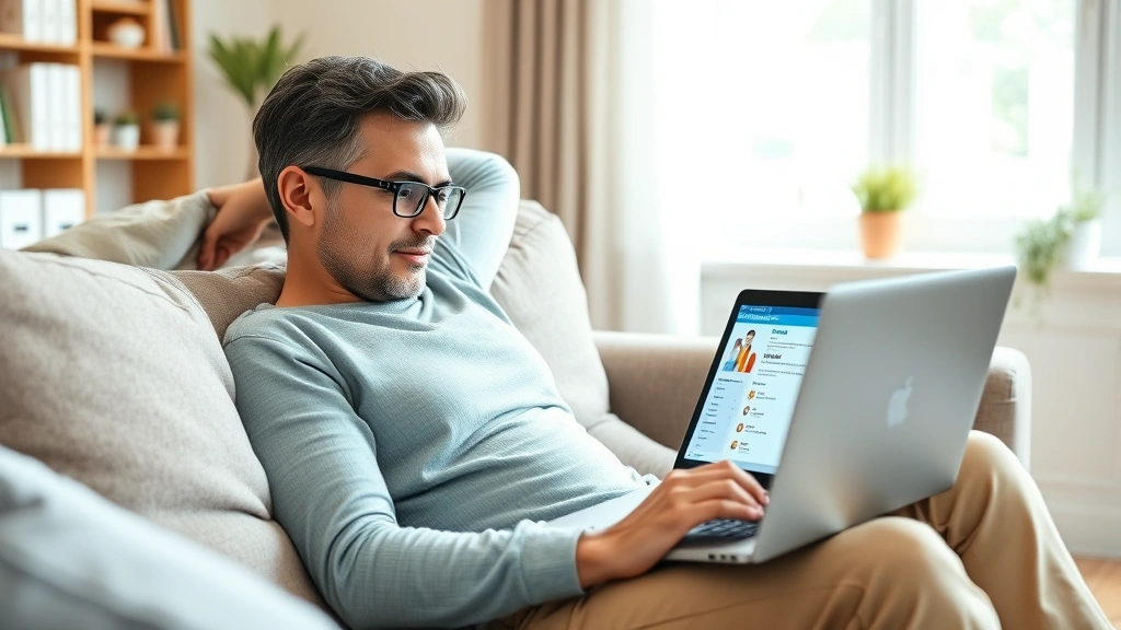 Person relaxing on couch reviewing prescription information on laptop, natural home setting, bright window behind, organized wellness space with health-focused lifestyle