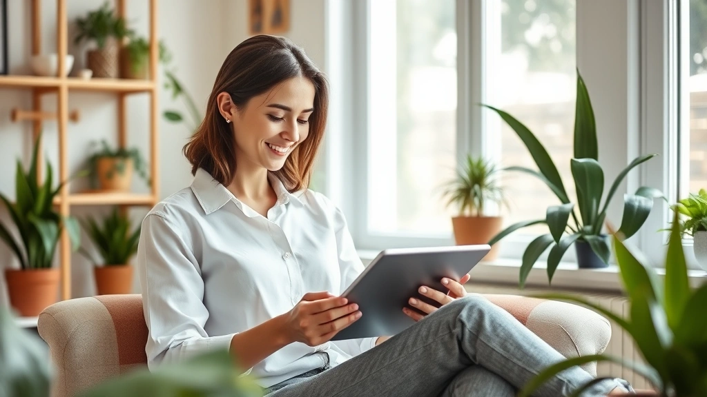 Relaxed professional woman using MyChart on tablet in comfortable home office with plants, natural lighting, warm neutral tones, wellness aesthetic