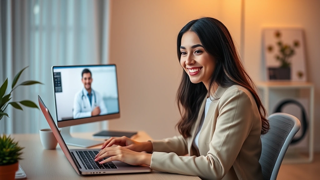 Young professional woman smiling while using laptop at home office desk, video call with doctor on screen, warm lighting, modern minimalist background, healthcare technology lifestyle