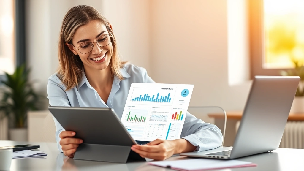 Professional woman sitting at home desk smiling while looking at tablet showing medical records and health charts, warm natural lighting, modern minimalist background